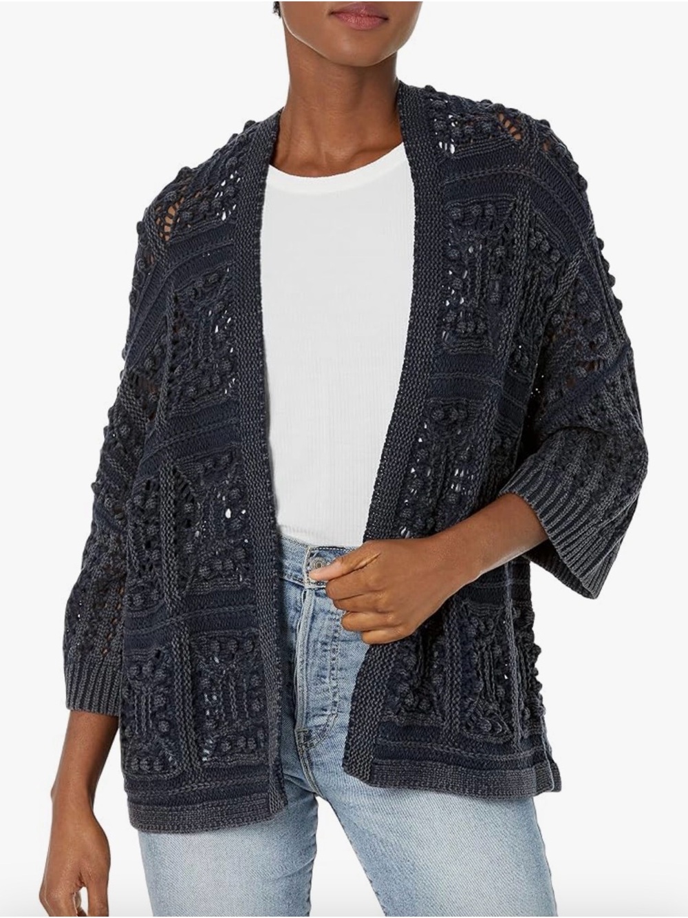 Lucky Brand Navy Open Crochet Knit Cardigan
